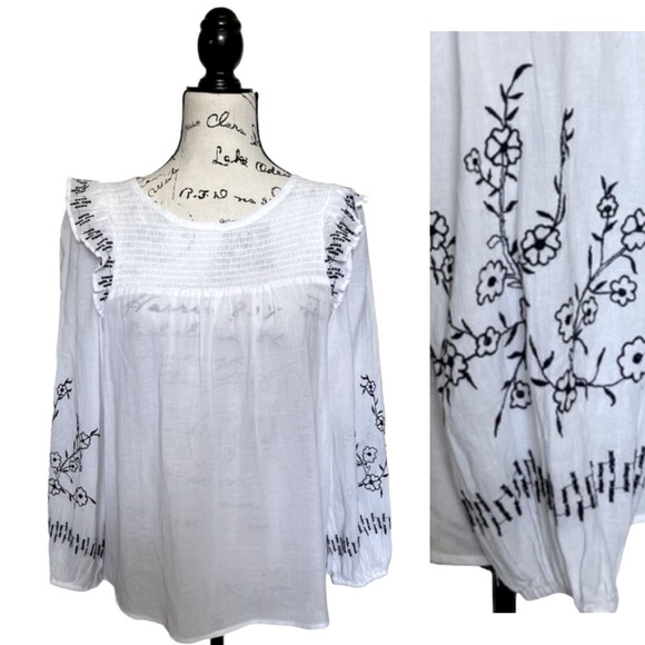 LOFT Embroidered Smocked Ruffle Blouse | White Black Boho Peasant Top | Size XS - Picture 1 of 8